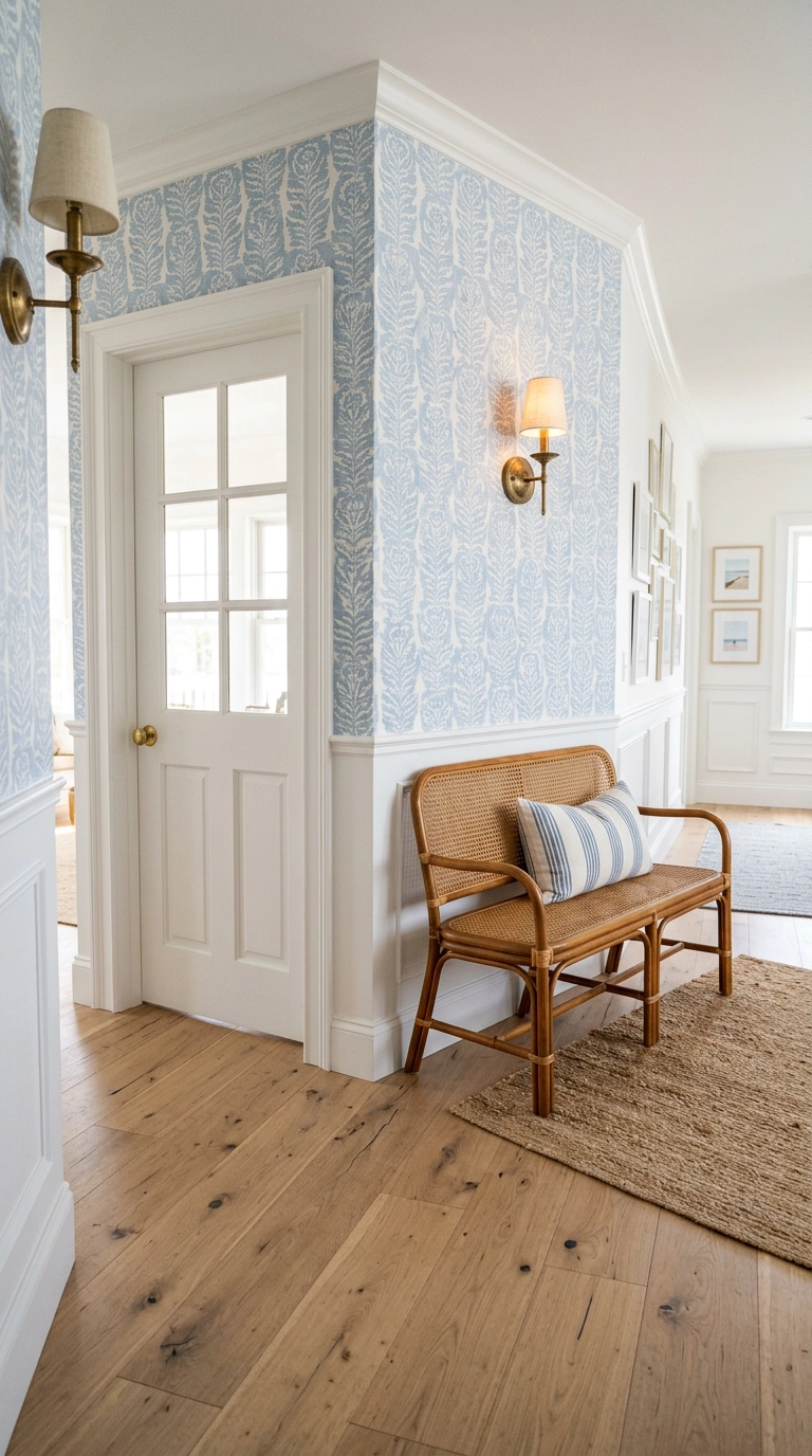 Coastal hallway with a soft blue and white block print wallpaper and a rattan bench