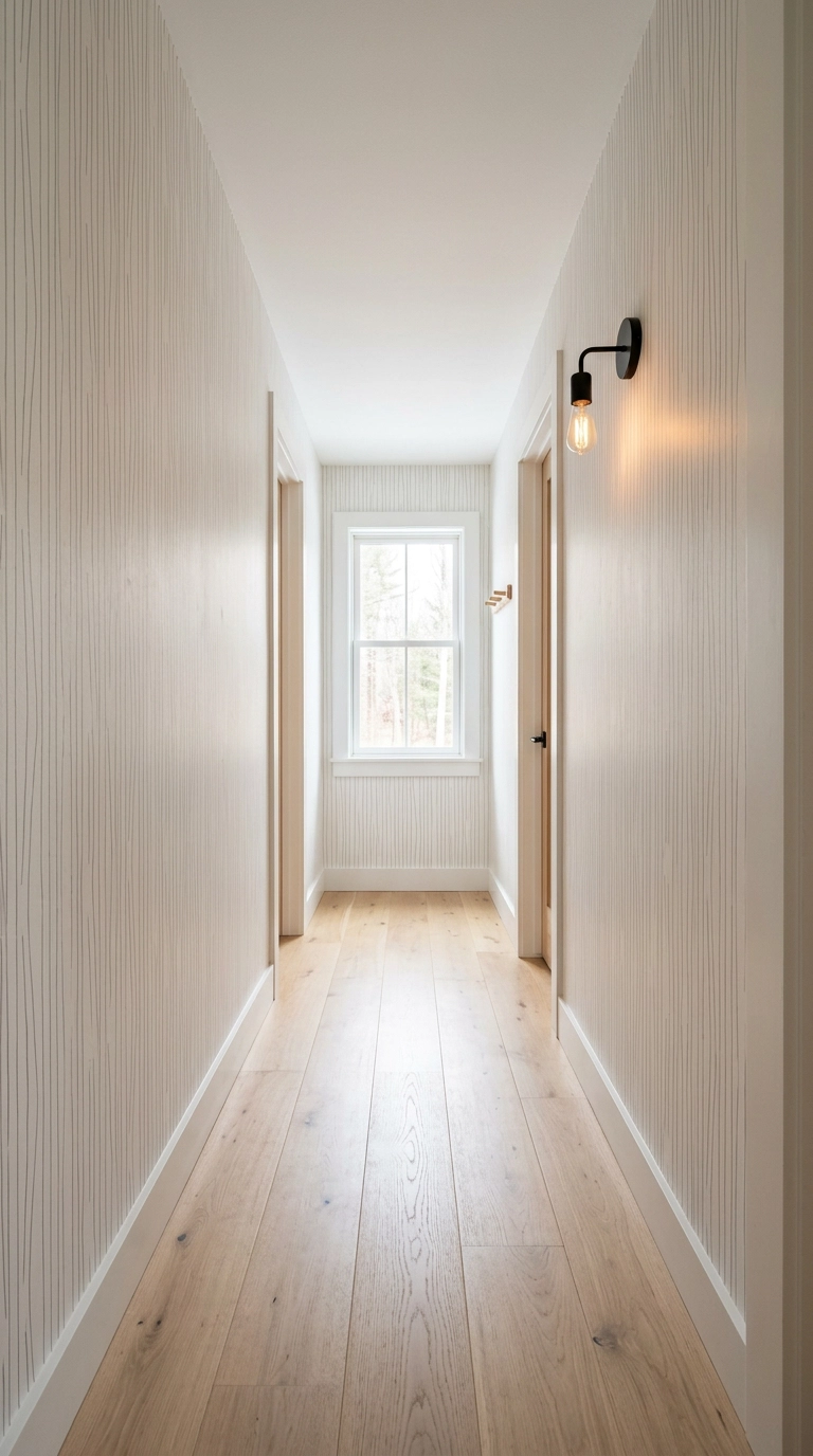 Minimalist hallway with a thin grey linear print wallpaper on a white base