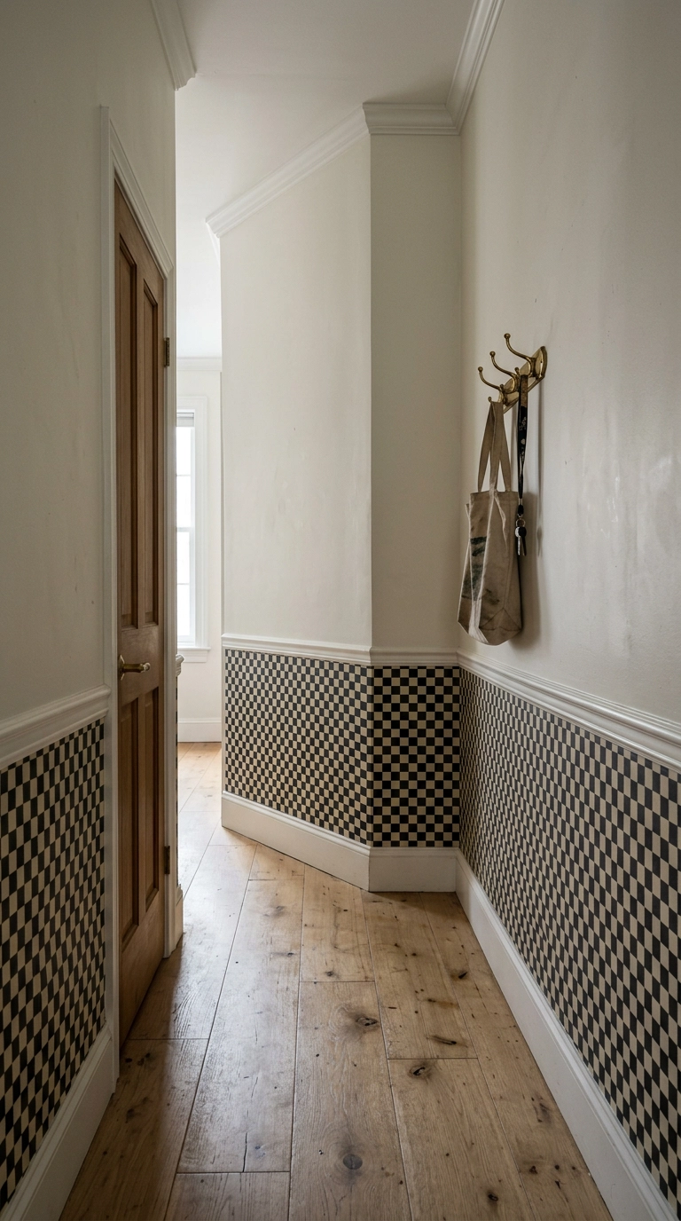 Hallway with a black and cream checkerboard wallpaper band along the lower wall