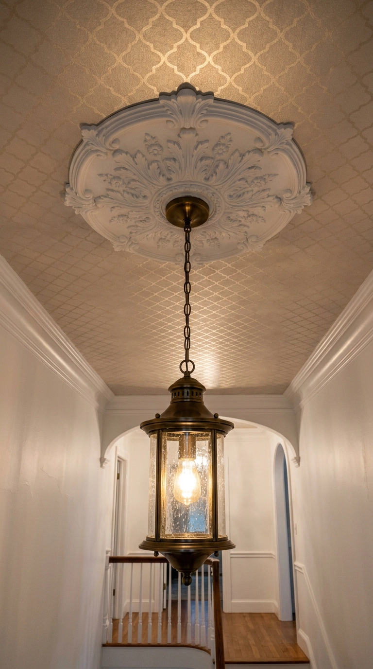 Ceiling medallion surrounded by metallic geometric wallpaper in an entry hallway