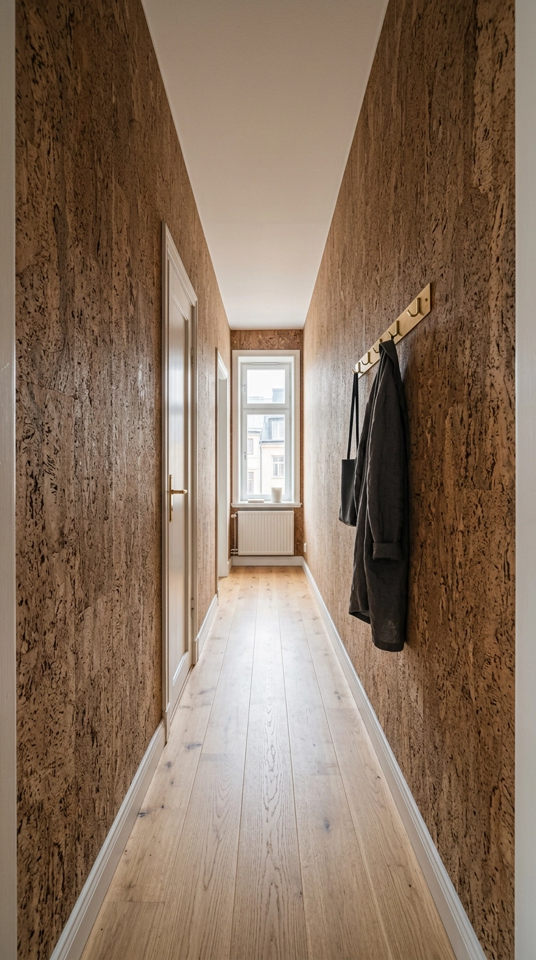 Apartment hallway with natural cork wallpaper showing organic grain texture