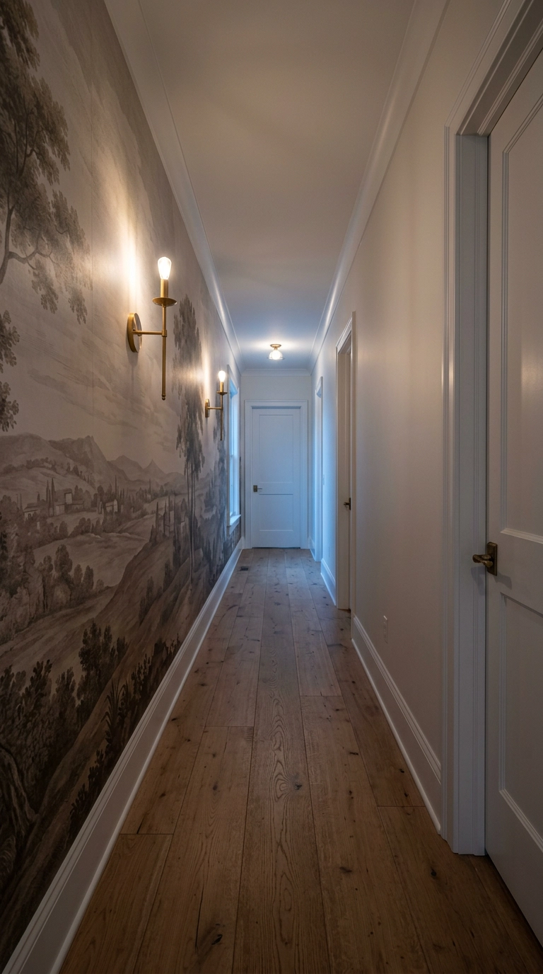 Long straight hallway with a full-length sepia-toned scenic landscape mural