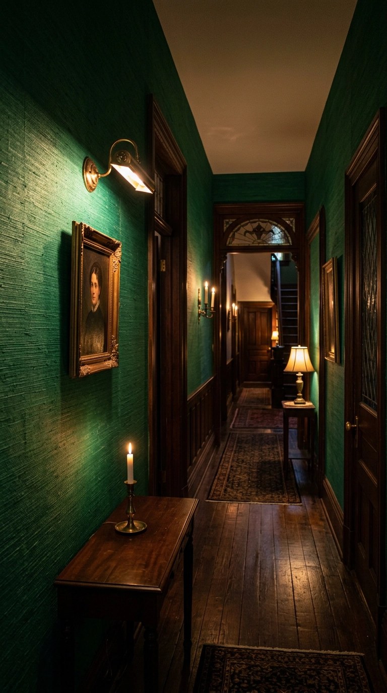 Victorian hallway with deep emerald grasscloth wallpaper lit by a picture light