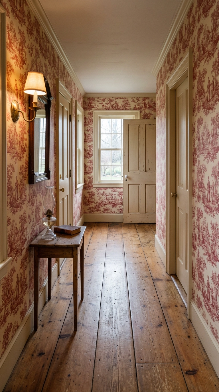 Farmhouse hallway with red and cream toile de Jouy scenic print wallpaper