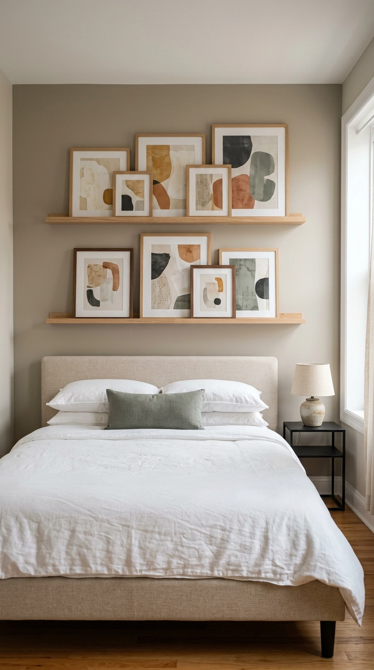 Two floating picture ledges above a bed as a bedroom feature wall of leaning art