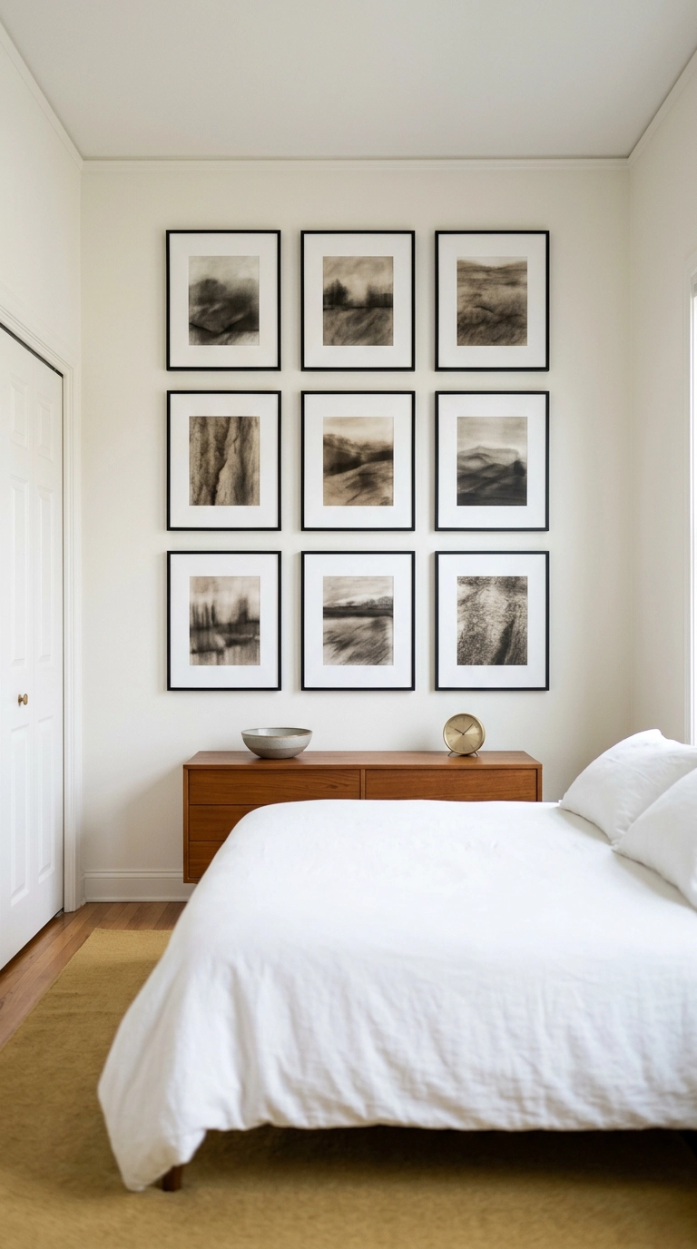 Nine-frame gallery grid bedroom feature wall on the wall opposite the bed