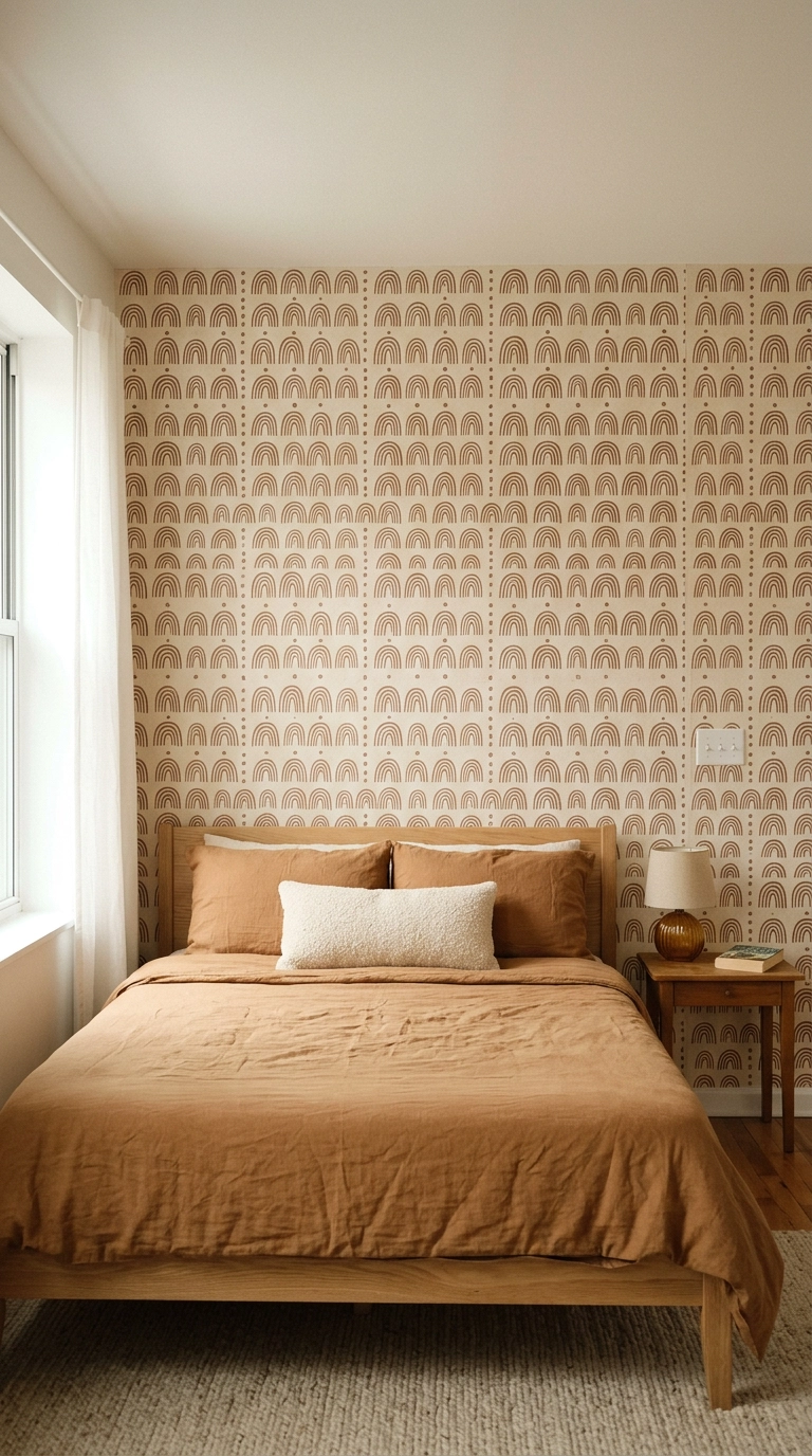 Cocoa and cream peel-and-stick geometric pattern on a rental bedroom feature wall