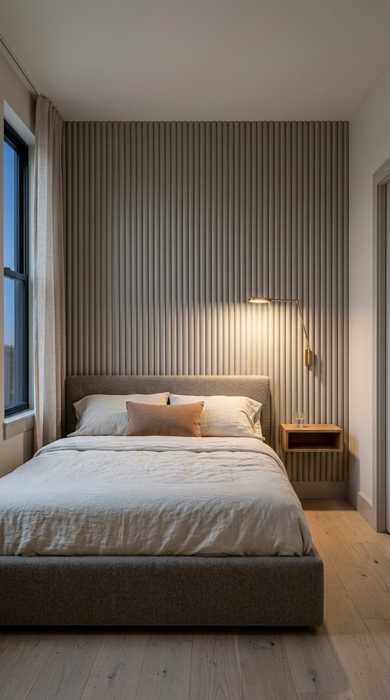 Mushroom grey fluted reeded panel bedroom feature wall with a brass sconce