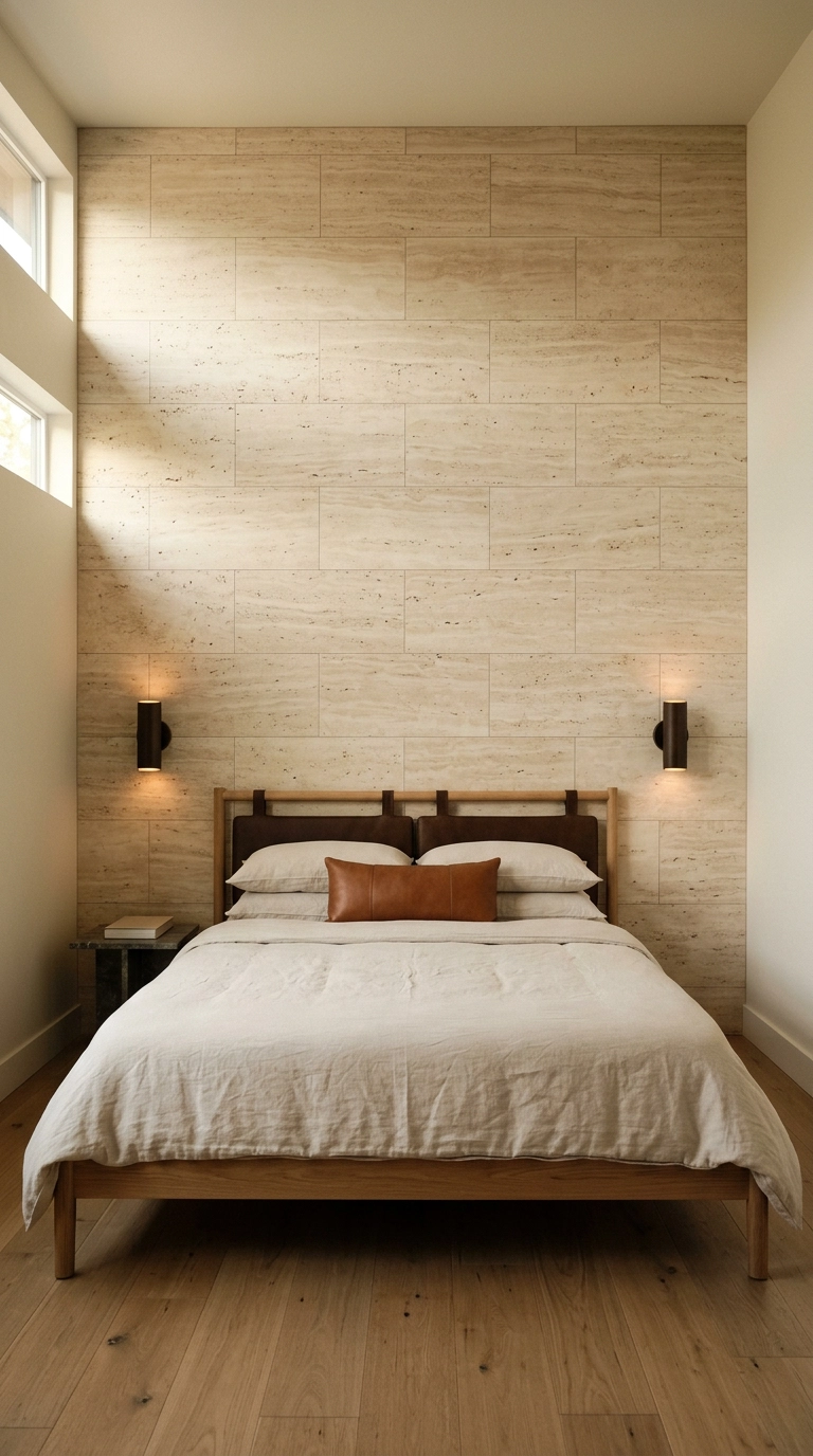 Honed travertine stone bedroom feature wall behind an oak bed with bronze sconces
