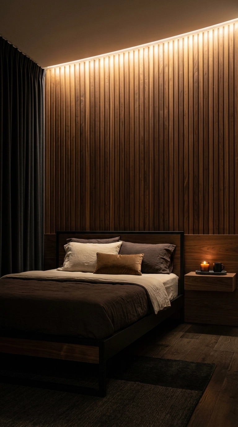Walnut slat bedroom feature wall with warm hidden linear lighting behind the slats