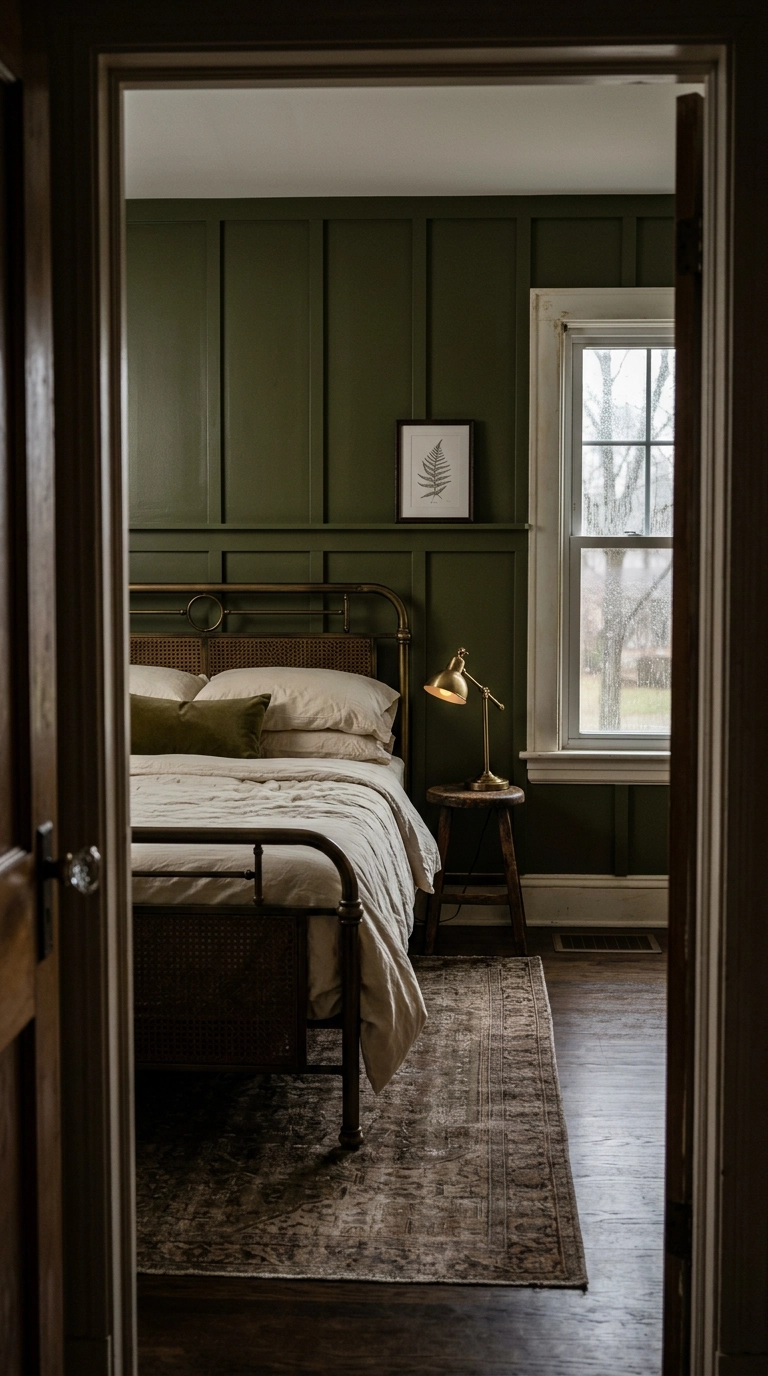 Deep olive board and batten bedroom feature wall with a brass and cane bed