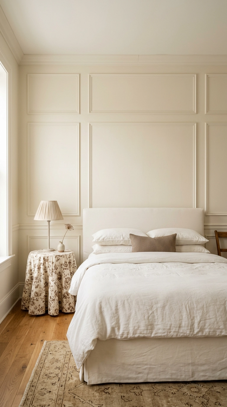 Tone-on-tone cream picture frame molding bedroom feature wall behind an ivory upholstered bed