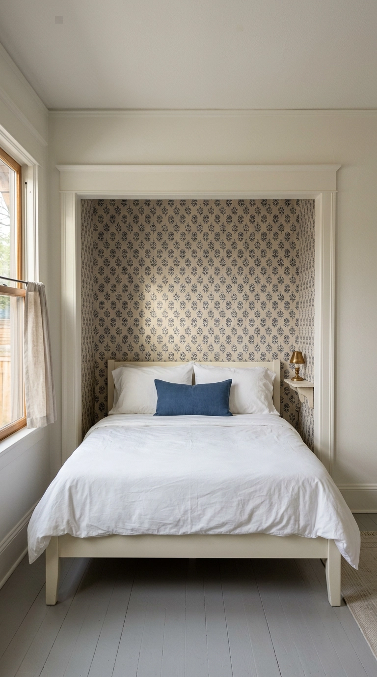 Block-print floral wallpaper inside a recessed alcove as a bedroom feature wall