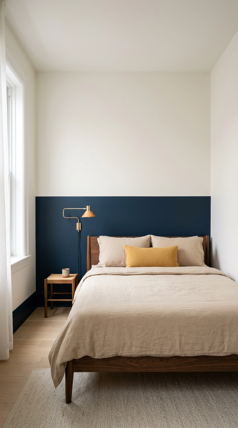 Two-tone bedroom feature wall with navy below and off-white above a crisp horizontal paint line