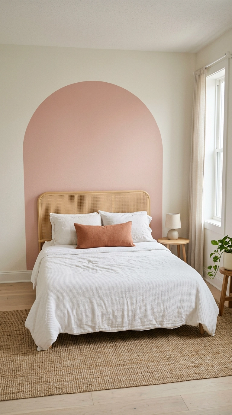 Dusty rose painted arch bedroom feature wall behind a rattan headboard bed