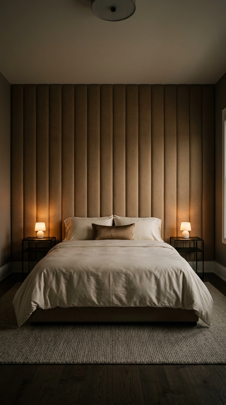 Camel wool upholstered padded bedroom feature wall acting as an oversized headboard