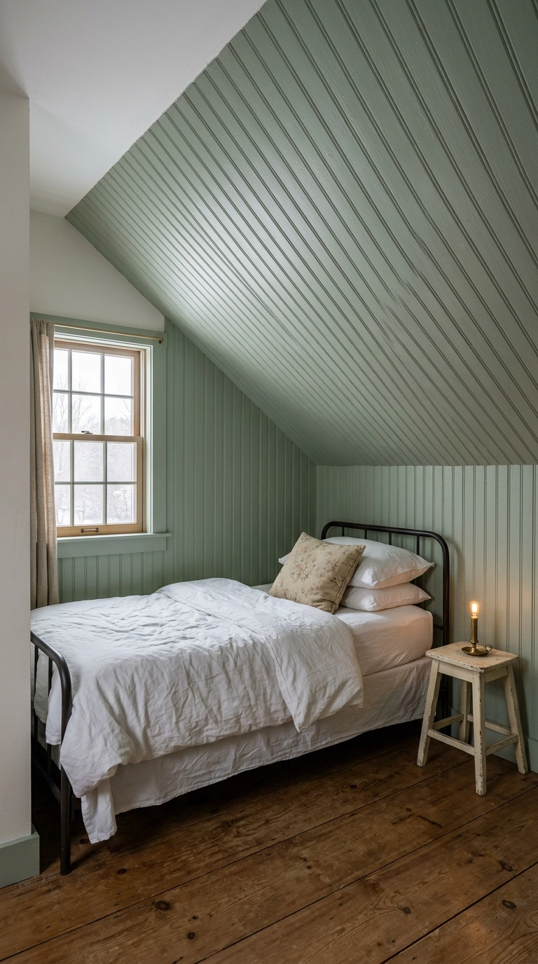 Sage green tongue and groove paneling on a sloped attic bedroom feature wall