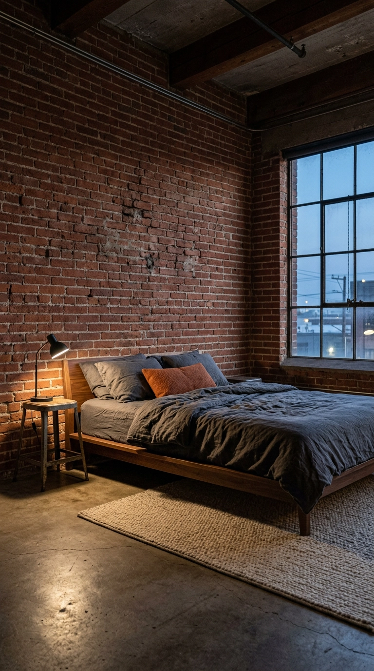 Sealed exposed red brick bedroom feature wall behind a low walnut platform bed