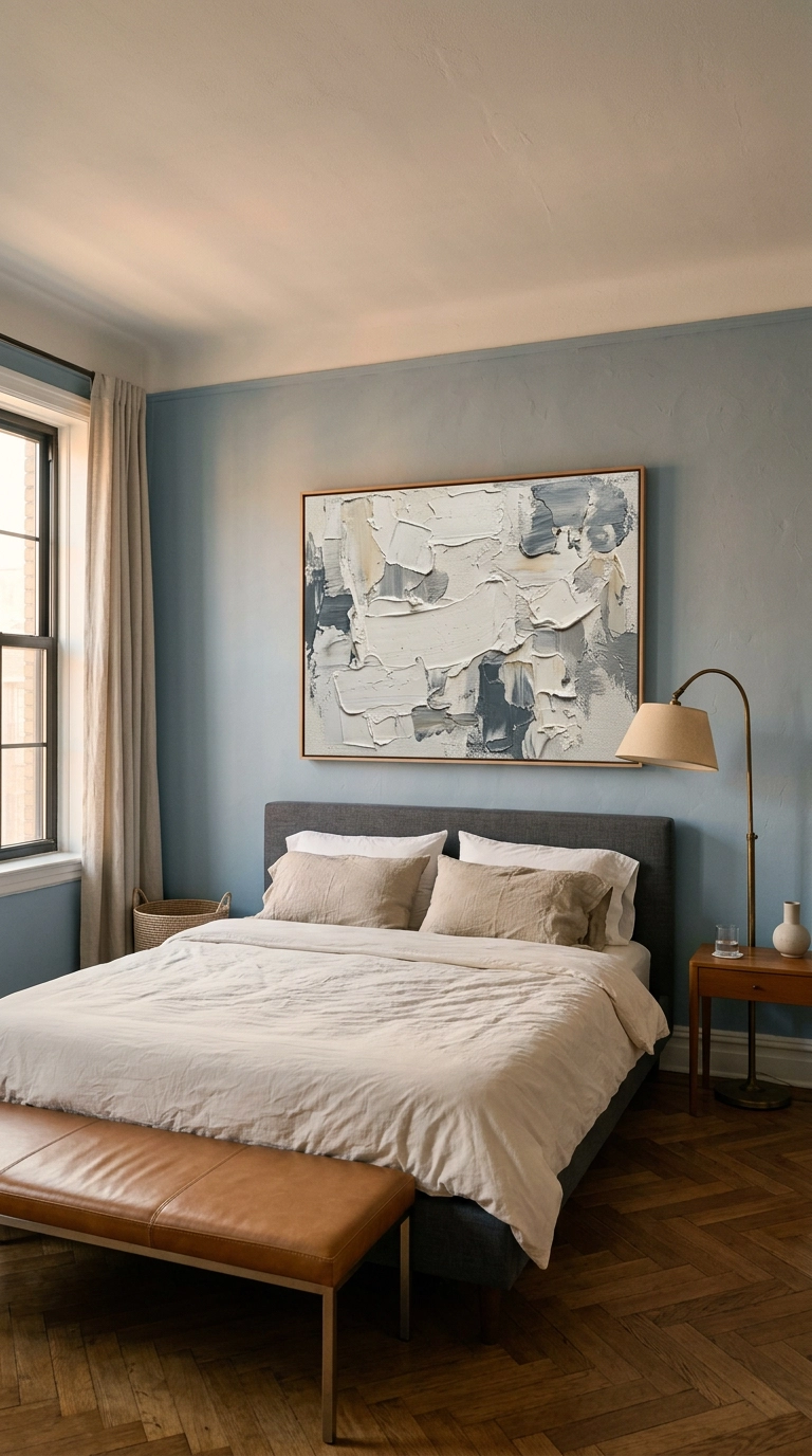 Oversized abstract canvas hung low as a bedroom feature wall above a charcoal upholstered bed