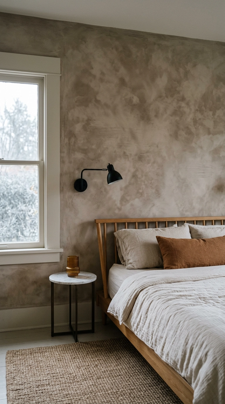 Mushroom taupe limewash plaster bedroom feature wall behind a low oak spindle bed