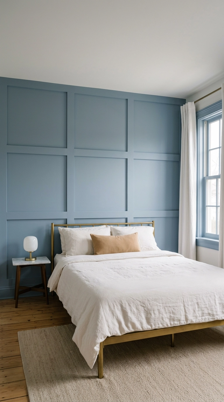 Slate blue batten grid molding painted the same color as the bedroom feature wall