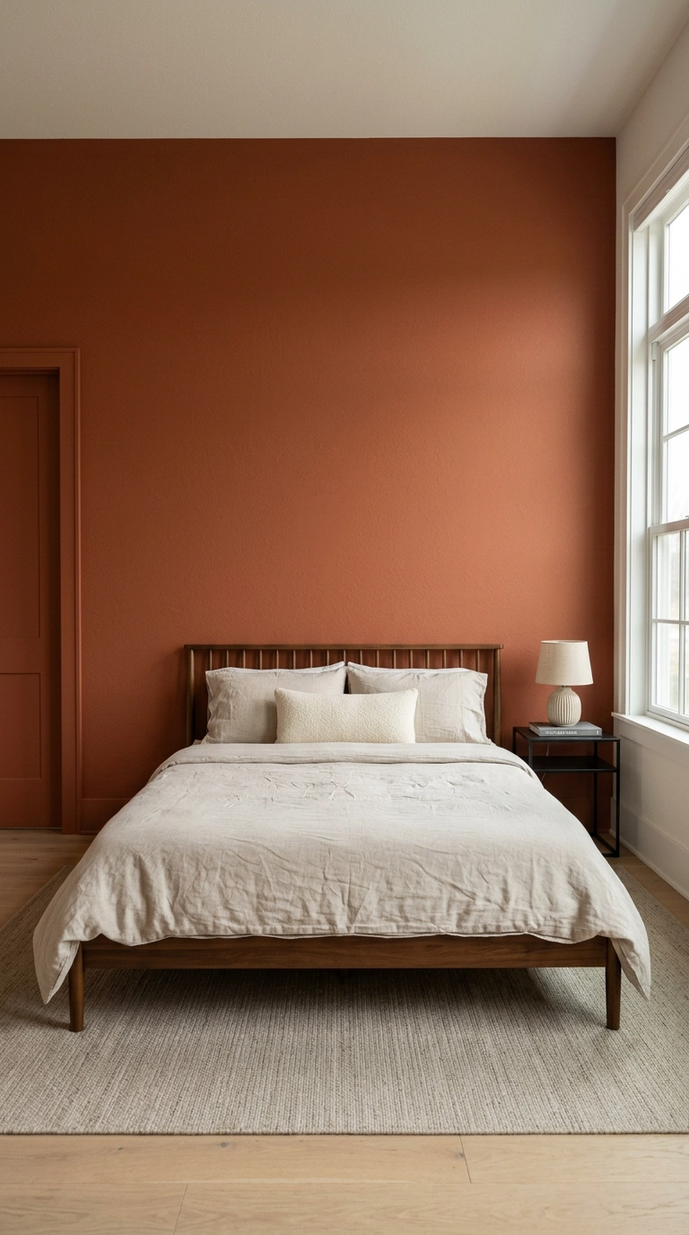 Bedroom feature wall color drenched in deep clay terracotta behind a low walnut platform bed
