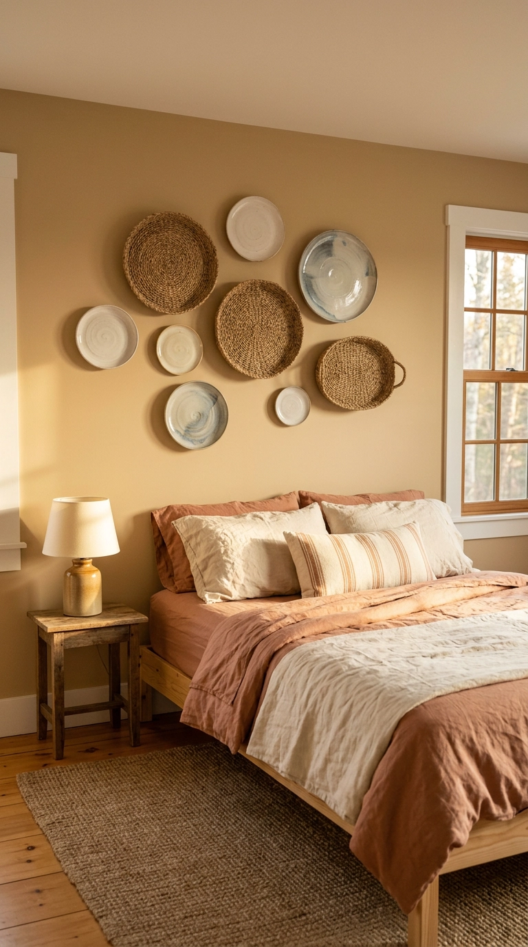 Woven basket and ceramic plate cluster as a bedroom feature wall above a pine bed