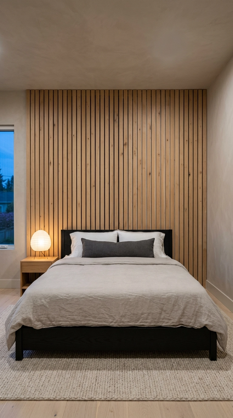 Vertical white oak slat bedroom feature wall behind a low black platform bed