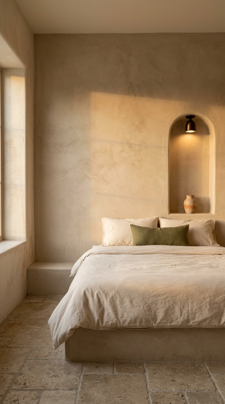 Warm putty microcement tadelakt-look bedroom feature wall with a built-in niche