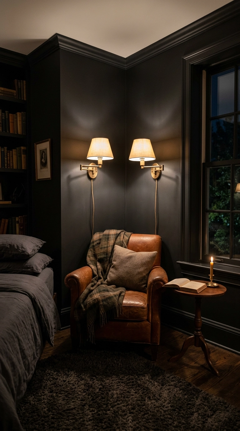 Charcoal-black drenched bedroom feature wall behind a leather reading nook with brass sconces