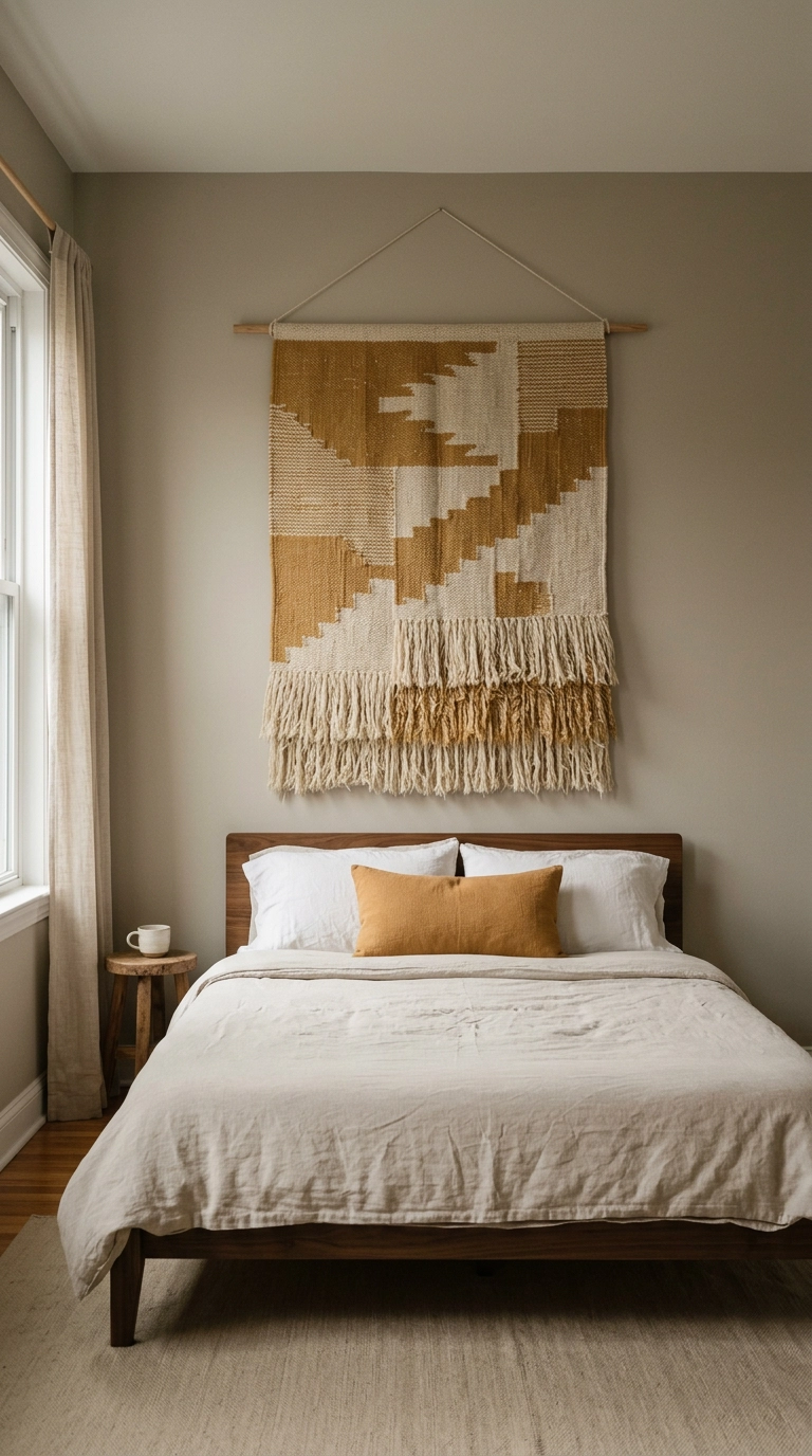 Handwoven ochre and cream wool textile hanging as a bedroom feature wall above the bed