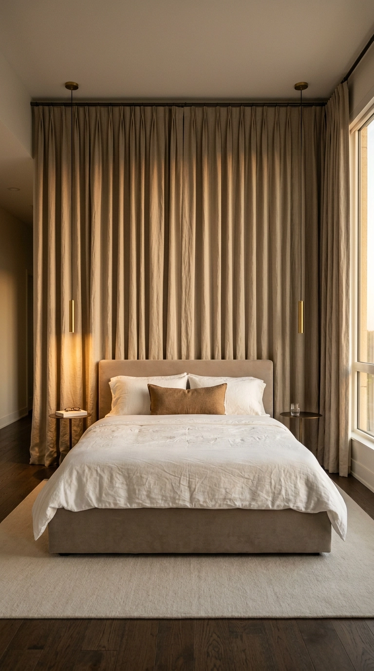 Full-width putty linen curtain backdrop behind a bed as a bedroom feature wall