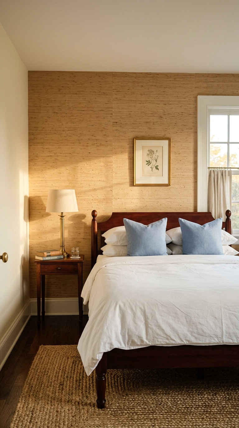 Warm wheat grasscloth bedroom feature wall behind a dark cherry wood bed