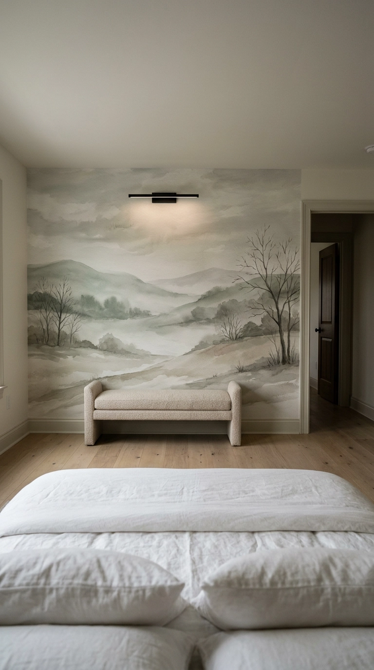 Scenic misty landscape mural wallpaper on the bedroom feature wall opposite the bed