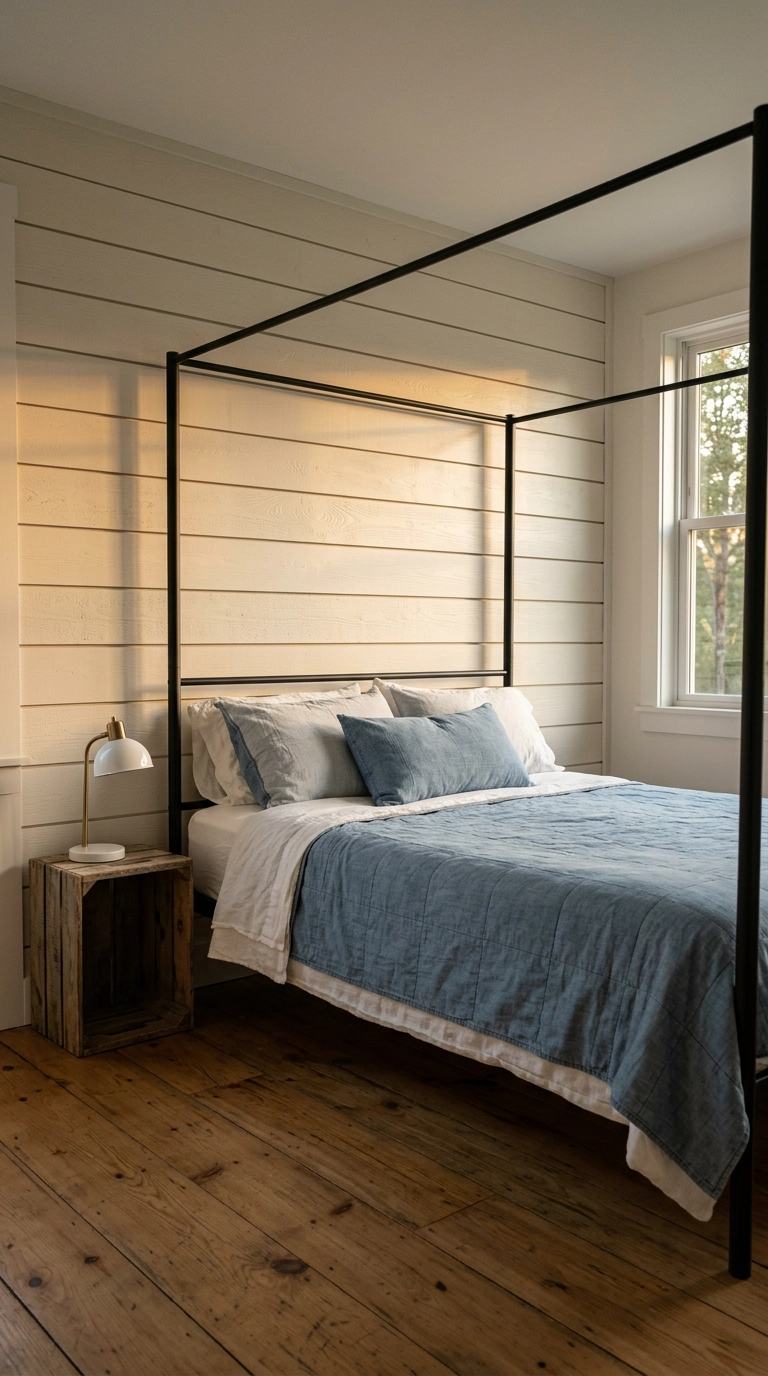 Bone white horizontal shiplap bedroom feature wall behind a black iron four-poster bed