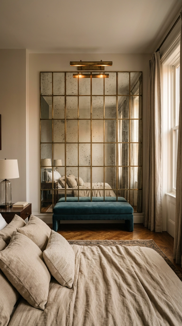 Antique mirror panel bedroom feature wall opposite the bed reflecting soft afternoon light