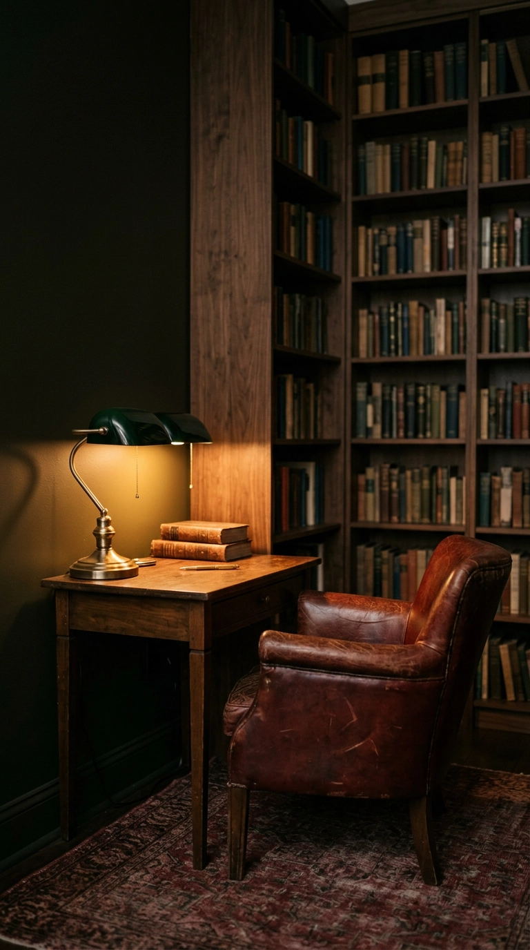 Dark academia loft office corner with olive-black walls, walnut shelves and a brass banker's lamp