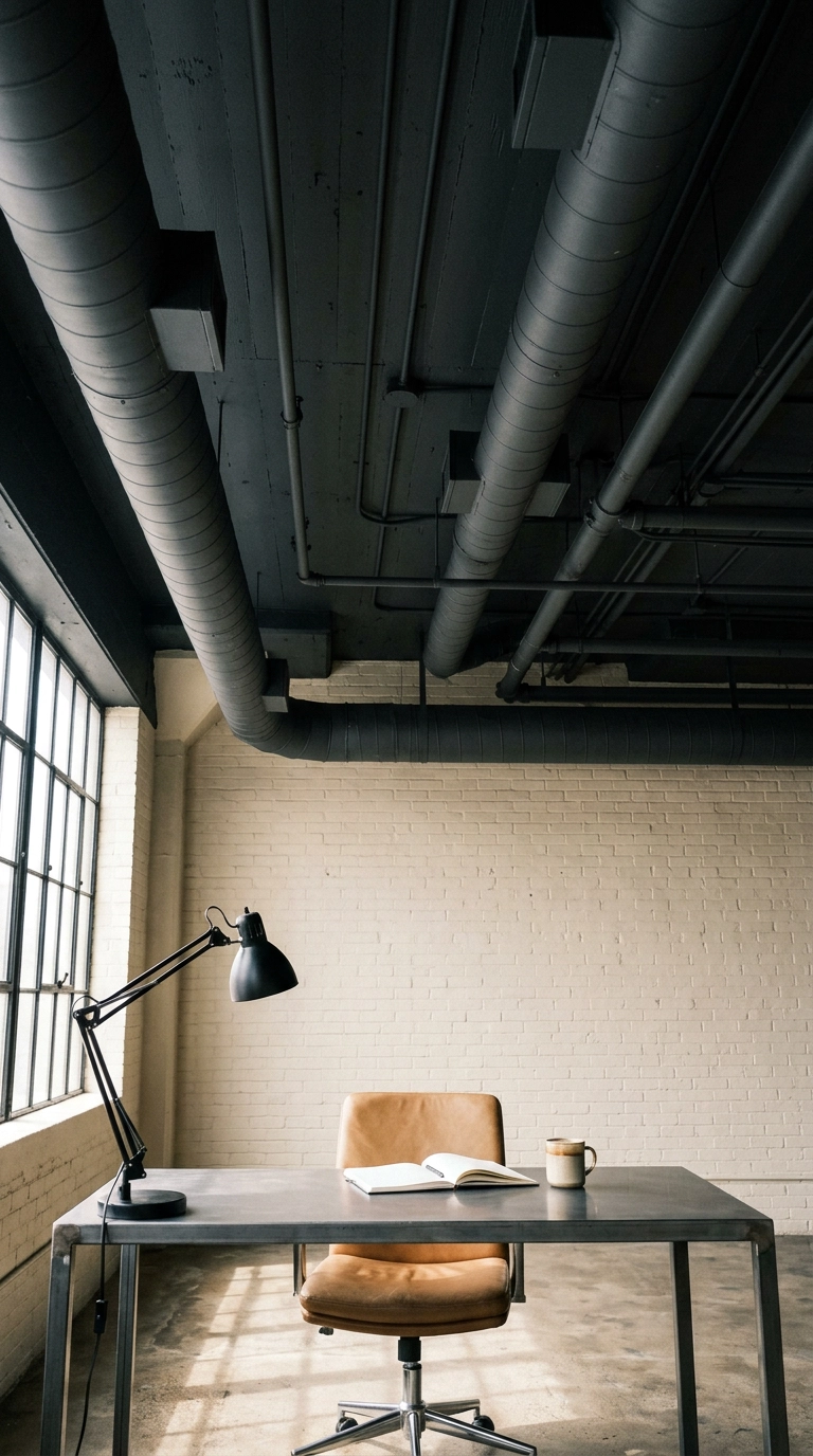 Exposed spiral ductwork painted charcoal across a loft office ceiling above a raw steel desk