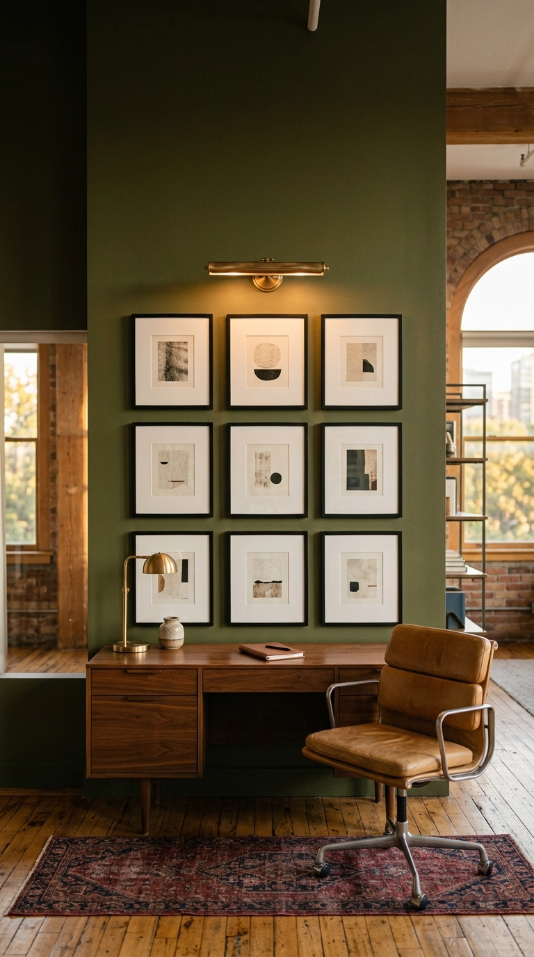 Tight grid of nine small black-framed abstract prints hung low above a walnut credenza in a loft office