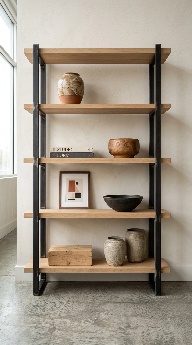 Open black steel and oak shelving styled with a few large ceramic objects in a loft office