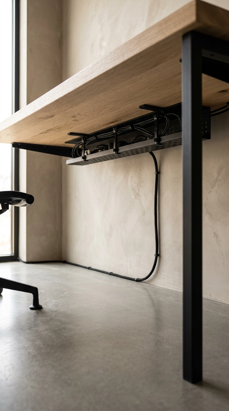 Under-desk black cable tray keeping cords hidden beneath a floating oak loft office desk
