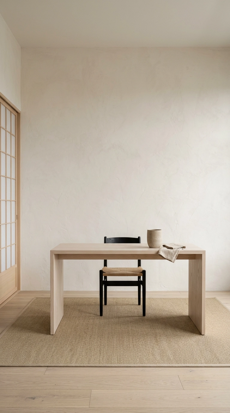 Japandi loft office with a low pale ash desk, woven cord chair and rice paper screen