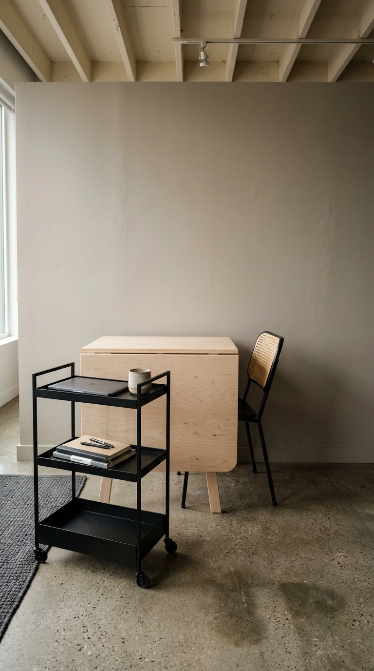Black rolling cart and folded drop-leaf desk in a loft studio apartment office corner