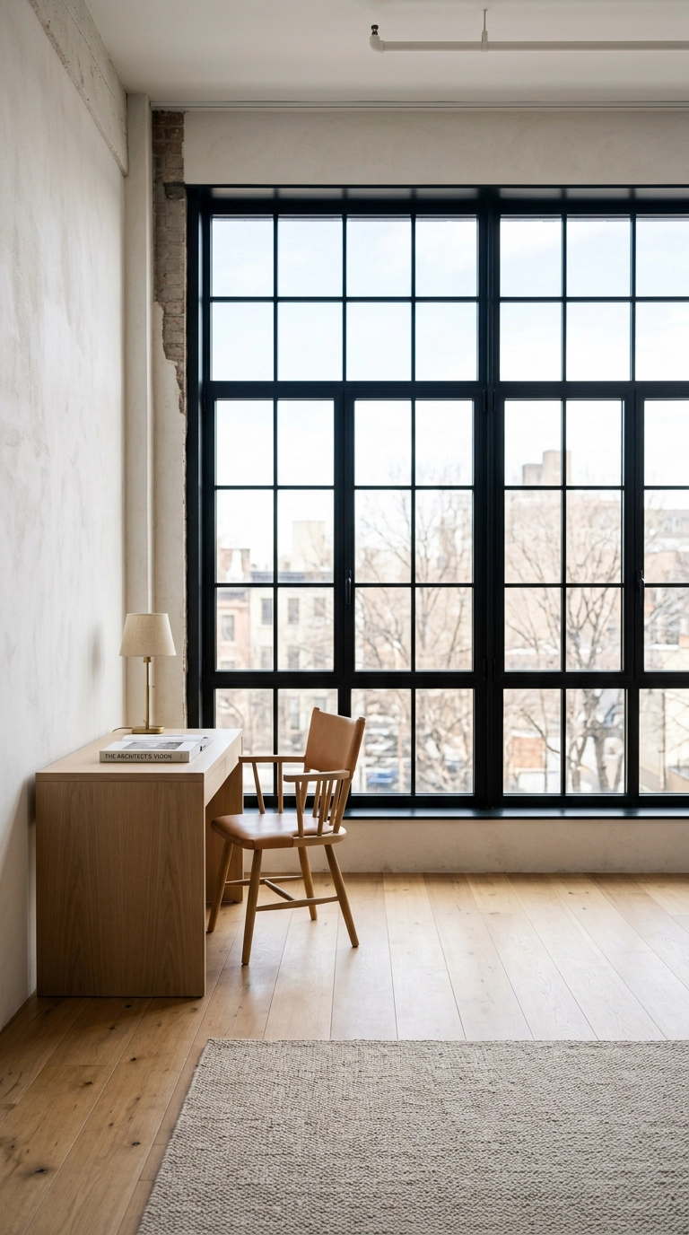 Tall black steel-framed casement windows above a white oak desk in a loft office