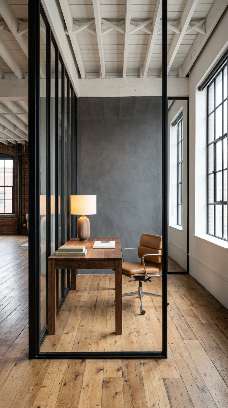 Black steel and glass partition wall enclosing a walnut desk in an industrial loft home office