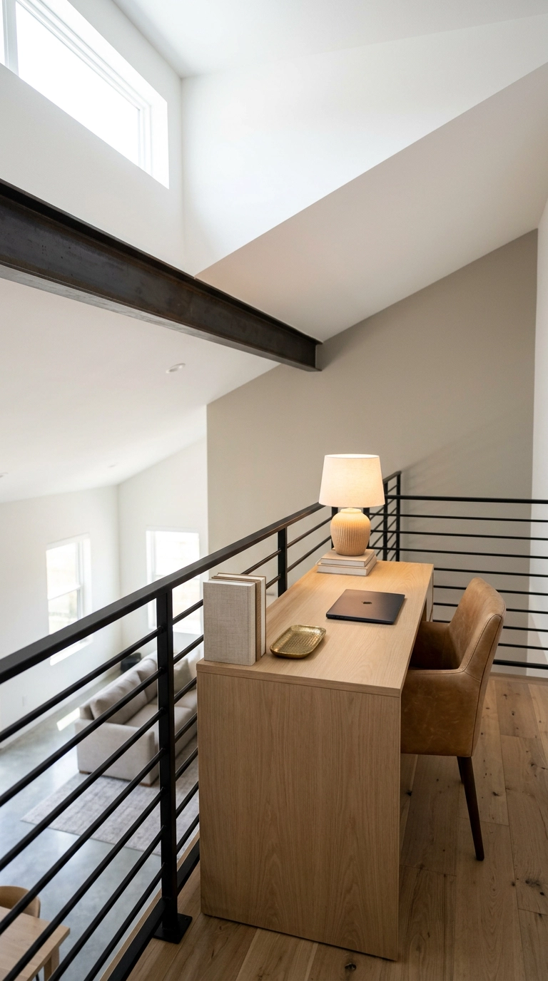 White oak desk tucked along a black metal mezzanine railing in a loft office