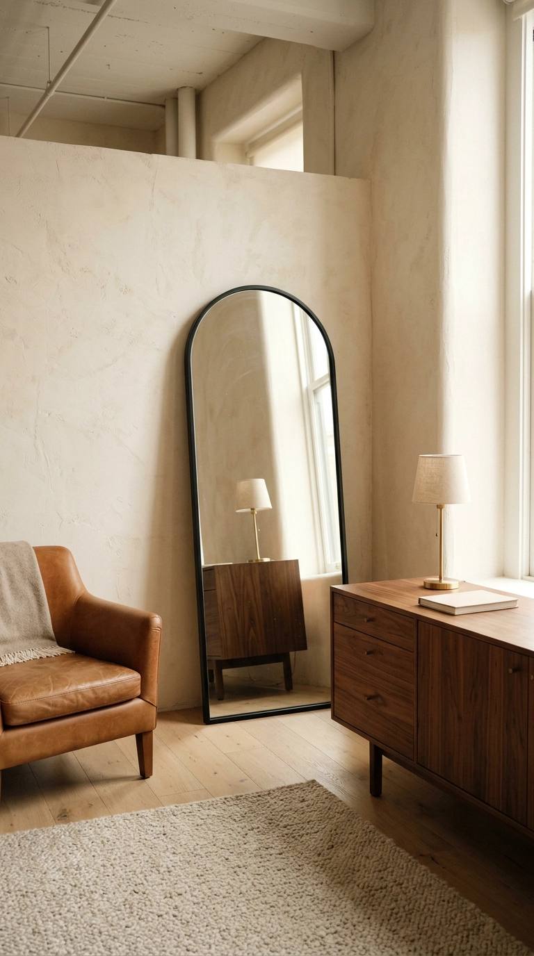 Tall arched black-framed floor mirror angled beside a walnut credenza desk in a loft office