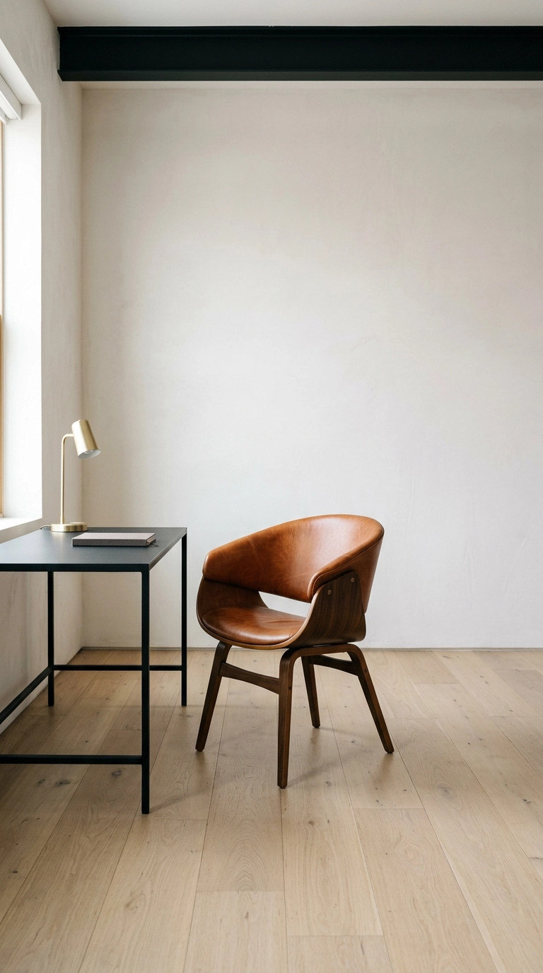 Sculptural cognac leather chair as the focal point in a minimalist loft office