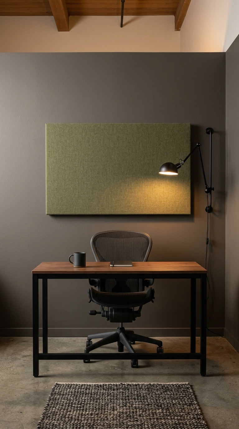 Olive wool acoustic fabric panel mounted above a walnut desk in a loft office