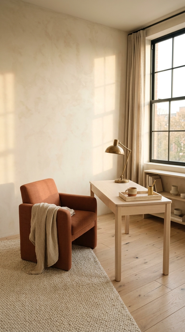 Cream limewash plaster loft office with a terracotta chair and pale ash desk in golden light